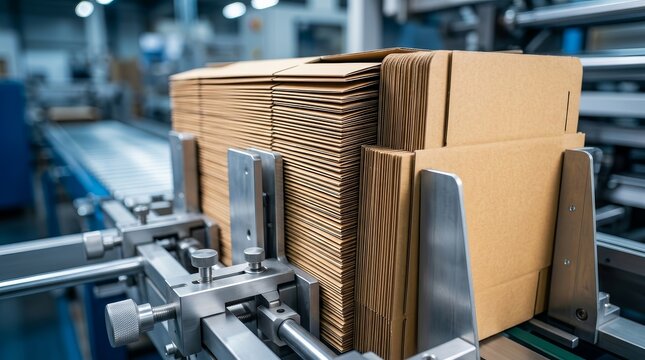 Industrial machine cuts cardboard boxes from sheets in a packaging enterprise.