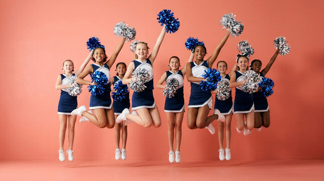 Cheerleading team jumping and celebrating with pom-poms against pink background  