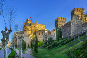 Obraz premium Royal Palace of Olite, Spain, view from Paseo de Dona Leonor gardens. Gothic castle walls with medieval towers and green park