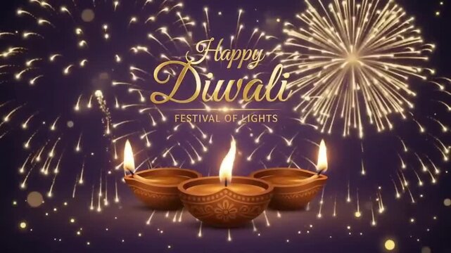 Happy Diwali Festival of Lights with Glowing Diyas and Fireworks Celebration