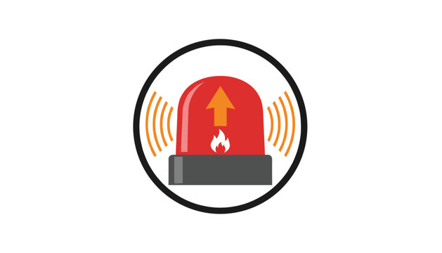 Fire alarm siren icon with red light and warning signal waves representing emergency situations and security alerts.