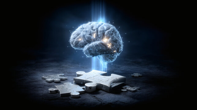 detailed silver-grey brain with realistic texture glowing from within with vibrant blue neural network. Rays of light burst outward. Chrome puzzle piece in front represents final understanding. 