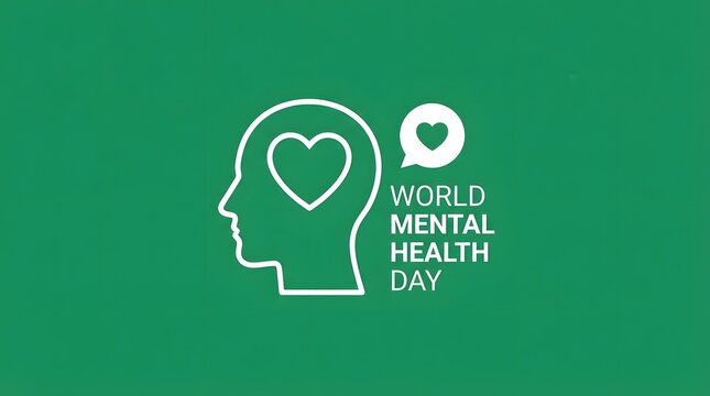 A minimalist graphic design featuring a human head silhouette with a heart icon representing awareness and support for the annual global world mental health day