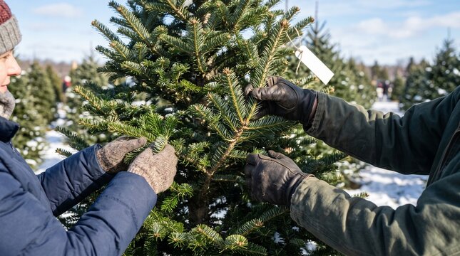 Gloved hands inspect evergreen branches for fullness and freshness