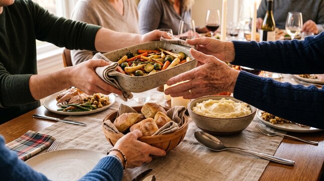 Hands pass seasonal dishes across a family table
