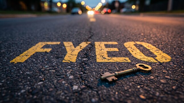 Brass key resting on an asphalt road with FYEO painted in yellow letters during dusk