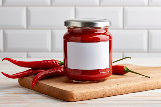 Glass jar of red chili sauce with blank white label and fresh peppers on wooden cutting board in modern kitchen