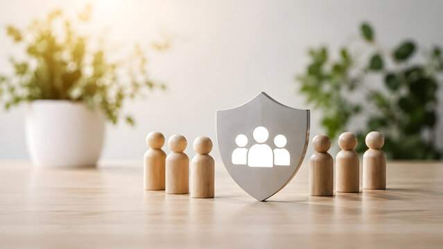 Wooden peg dolls and silver shield with people icon illustrating employee safety customer protection and social security insurance concept
