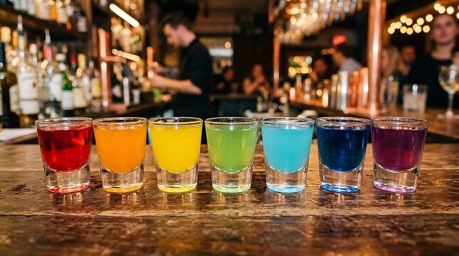 Colorful alcoholic shot drinks in a row on a wooden bar counter in a dark nightclub with a bartender in background