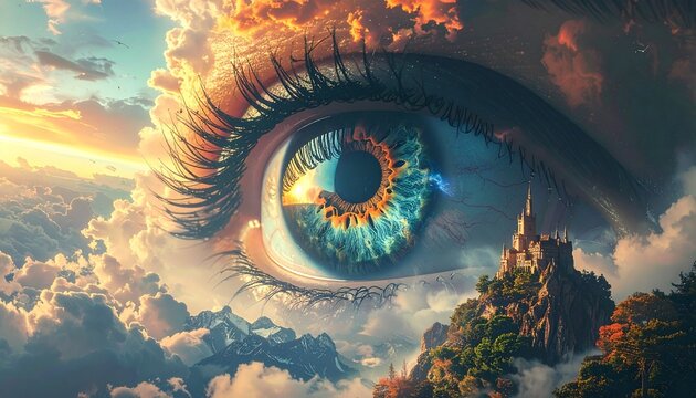 Surreal Eye with Clouds and Castle Landscape.