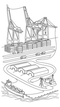 Shipping port and cargo cranes illustration white background.