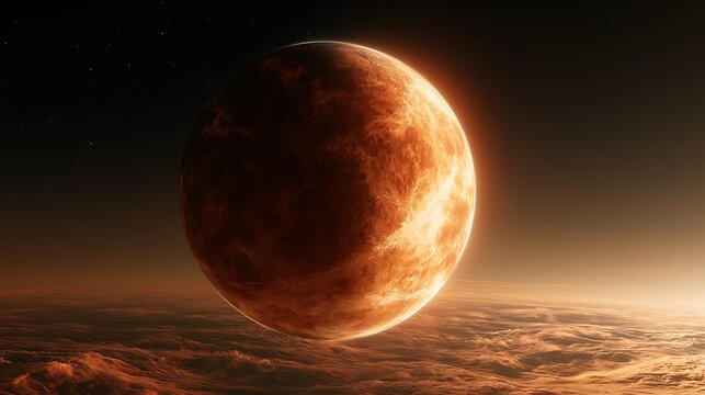 Fiery Orange Exoplanet Rising Above Atmospheric Clouds in Deep Space.