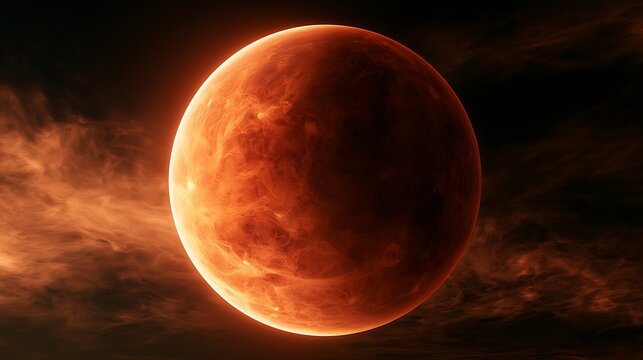 Fiery glowing planet surface in dark space.