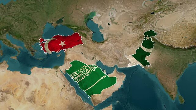 Animated world map motion footage highlighting Turkey Saudi Arabia and Pakistan