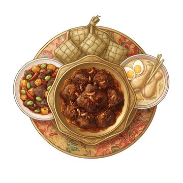 Indonesian Eid Mubarak Feast Set Ketupat Rendang Beef Sambal Goreng Ati Served on Tray Isolated on White Background, Generative AI