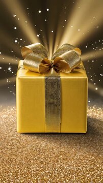 Luxury gold gift box opening with glowing light and sparkling particles, elegant present animation for Christmas, birthday, celebration, surprise and holiday concepts
