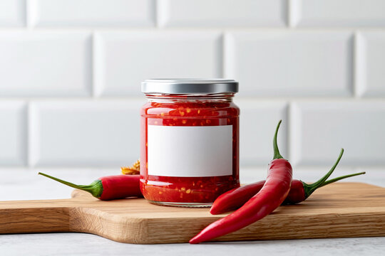 Glass jar of red chili sauce with blank white label and fresh peppers on wooden cutting board against white kitchen background, copy space