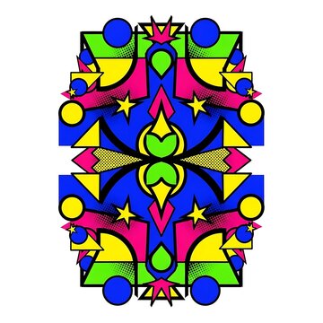 Vibrant mandala with floral and geometric patterns in bright colors.