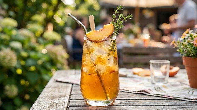 Refreshing iced peach tea cocktail with herbs and metal straw served on a wooden table in a sunny garden patio setting