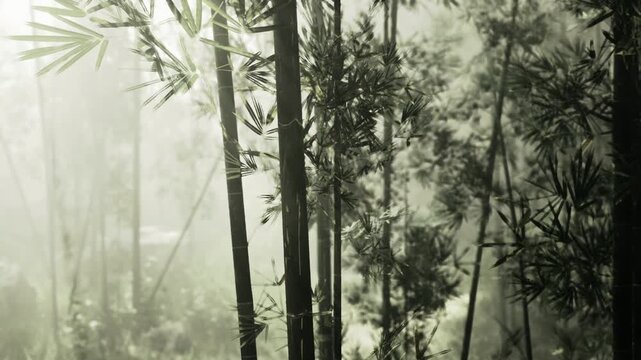 foggy bamboo cluster with muted tones and soft silhouettes, atmospheric reserve setting suggesting conservation, research and quiet habitat for wildlife