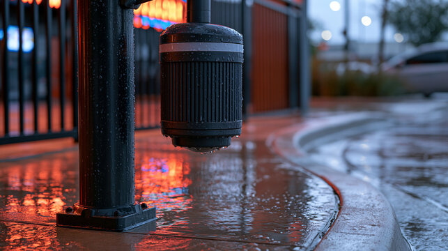 A single weatherproof motion sensor mounted outside a laser tag arena entrance on rain soaked pavement, water droplets beading on its casing, neon venue signage reflected in