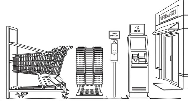 Shopping cart and store fixtures on white background.