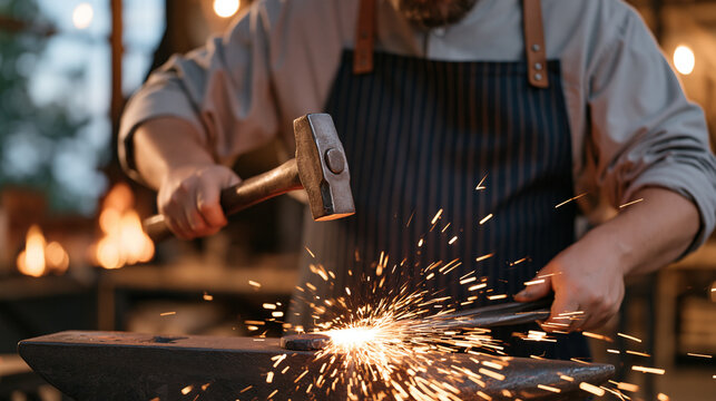 A blacksmith at twilight hammers a glowing fixed rope anchor bracket on an anvil, a before state of rough raw steel beside the finished forged piece in blue hour light, sparks