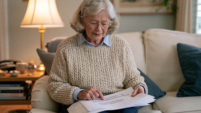 Elderly woman sitting alone in modest home living room beneath warm lamplight, theatrical stage lighting rigging blueprints spread across her lap, aged hands tracing grid patterns