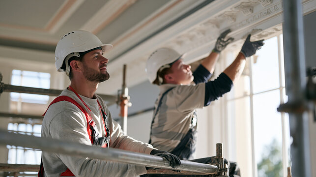 A ceiling plasterer and an apprentice work side by side on suspended scaffolding in early morning mist inside a partially restored heritage building, soft grey light filtering