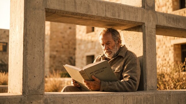Senior man reading book outdoors, framed by concrete architectural structure, warm golden hour sunlight, peaceful retirement and lifelong learning concept