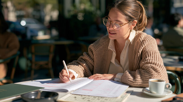 Forensic accountant spreads two versions of a financial ledger side by side under harsh midday sun on an outdoor caf&eacute; table, the before column flagged in red against the cryptic