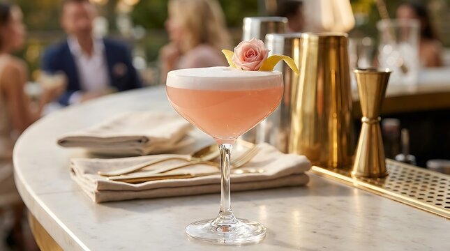 A refreshing pink cocktail drink with a flower garnish sitting on a bar counter in a busy restaurant at night time
