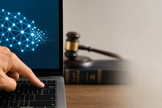 Machine unlearning concept hand pressing delete key with neural network node fading pixels and gavel law book in background right to be forgotten AI ethics data privacy landmark decision