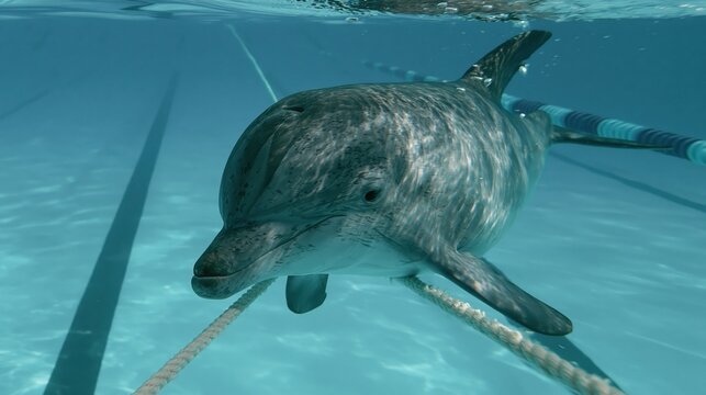 Close-up underwater portrait of a dolphin swimming in a pool with lane ropes