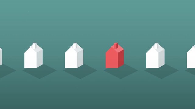Red house icon moving among white houses in isometric view, unique real estate selection concept