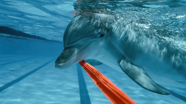 Dolphin Playing with Orange Toy Underwater in Swimming Pool