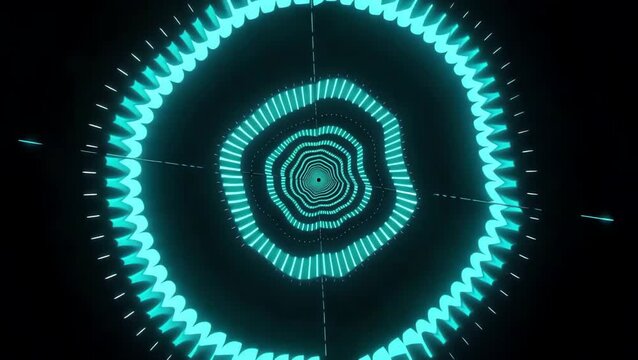 Seamless loop of a glowing neon cyan tunnel moving in dark space. Ideal for futuristic sci-fi backgrounds, virtual reality concepts, VJ event loops, tech presentations, and modern web design.