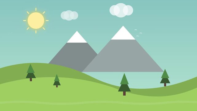 Minimalist Flat Vector Landscape with Green Hills Snow Capped Mountains and Sunny Sky Background