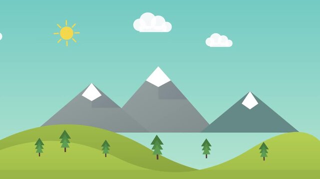 Minimalist 2D flat animation of mountain peaks, green hills, sun, and clouds in a clear sky