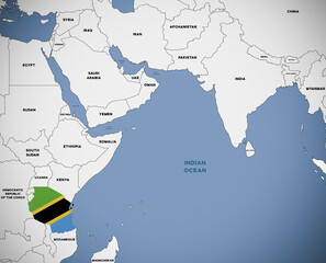 Illustration of a map of Africa with Tanzania highlighted with the Tanzanian national flag. © Sergey Fedoskin