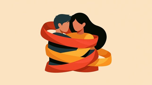 Couple embracing, wrapped in ribbon, symbolizing love and connection