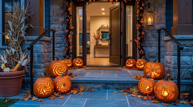 Glowing carved pumpkins on house porch for halloween night