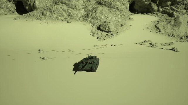 Solitary camouflaged vehicle on sand, surrounded by rocky dunes and sparse scrub, muted green color grade, midday light casting long shadows, textured sand