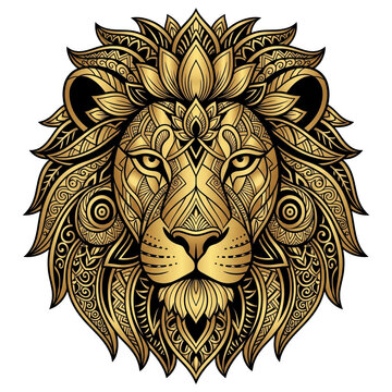 Luxury Golden Lion Head Mandala Vector Illustration, Ornamental Tribal Animal Art
