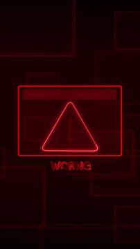 Warning triangle animation with red neon system error browser Warning triangle security alert window on black Warning triangle system failure notification