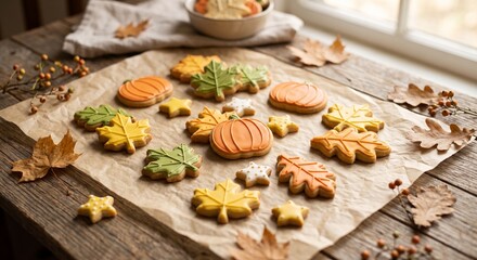 Fototapeta premium Autumn leaf shaped cookies on a wooden table