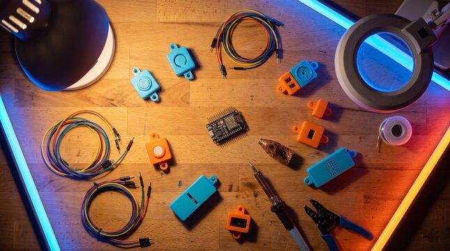 Electronics engineering workspace with microcontrollers, 3D printed parts, wires and soldering tools on wooden desk, flat lay view