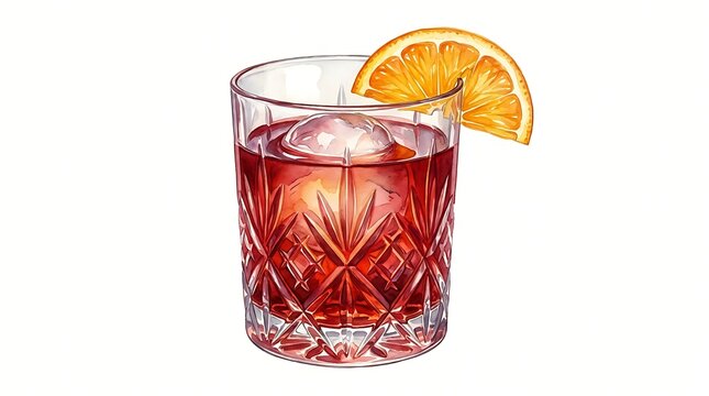A refreshing red cocktail drink in a crystal glass with a round ice cube and a slice of fresh orange garnish