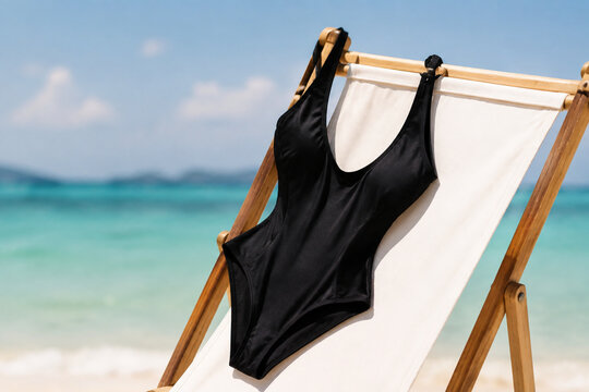 A black monokini draped over a white beach chair by the sea.