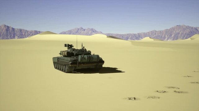 Training drill with armored tank crossing golden sand, distant range markers, disciplined movement, crews practicing tactics, procedural readiness, dust trail,